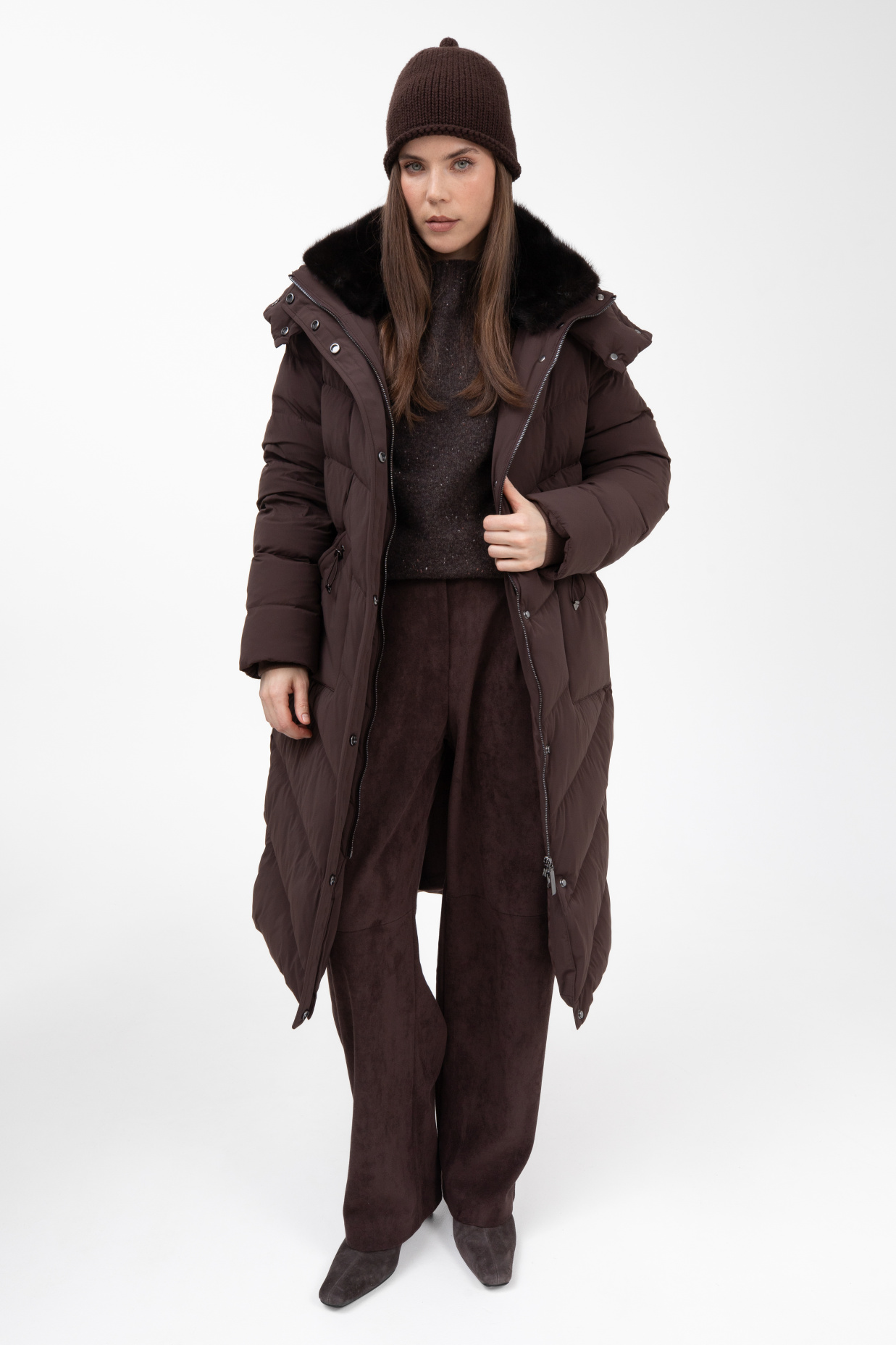 картинка 548.FWAA.027S пальто женское с мехом норка COFFEE от магазина Albana